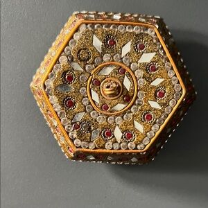 Gold Hexagonal Jeweled Trinket Box with Red and Clear Embellishments